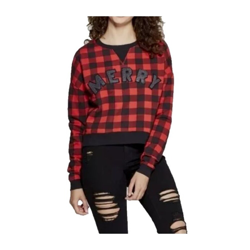 Fifth Sun Buffalo Plaid ‘MERRY’ Holiday Sweatshirt Red Black Cropped Womens L